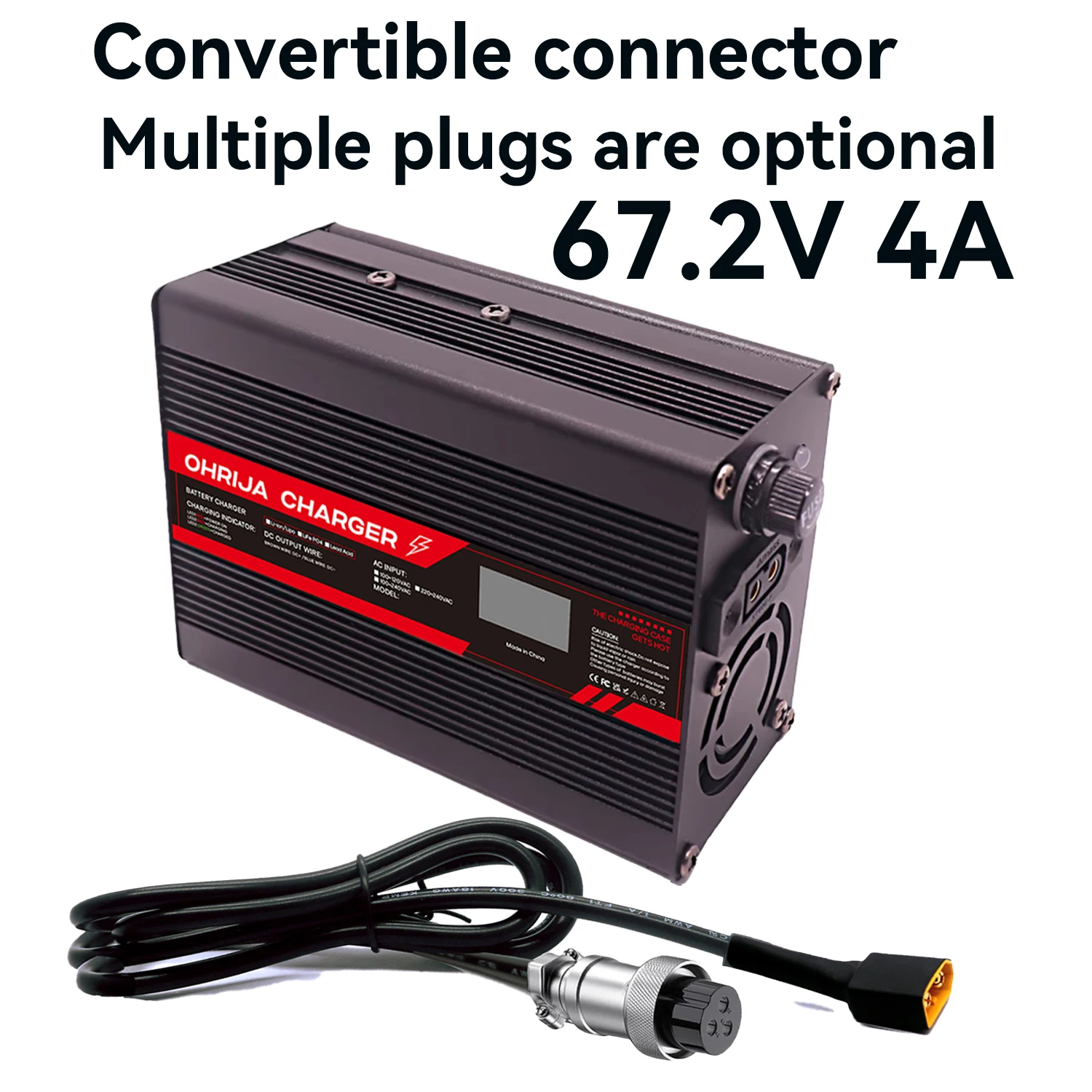 

OHRIJA 67.2V 4A Lithium Battery Fast Charger with OLED Display & Interchangeable Connector Fast stabilization with cooling fan