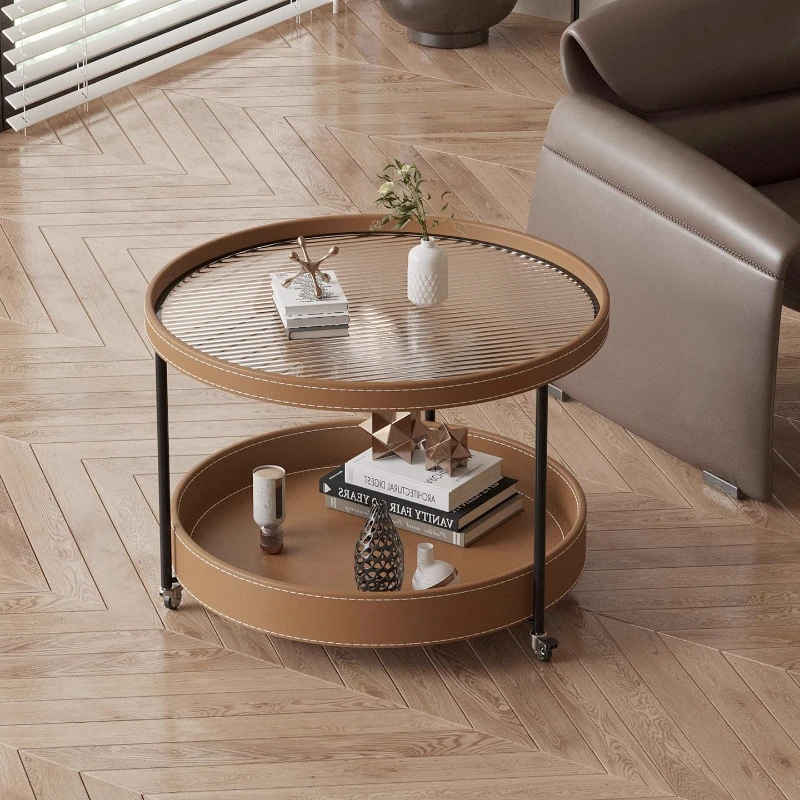 

Cream Wind Luxury Saddle Leather Living Room Coffee Table Small Apartment Household Round Wheels Movable Trolley Coffee Table