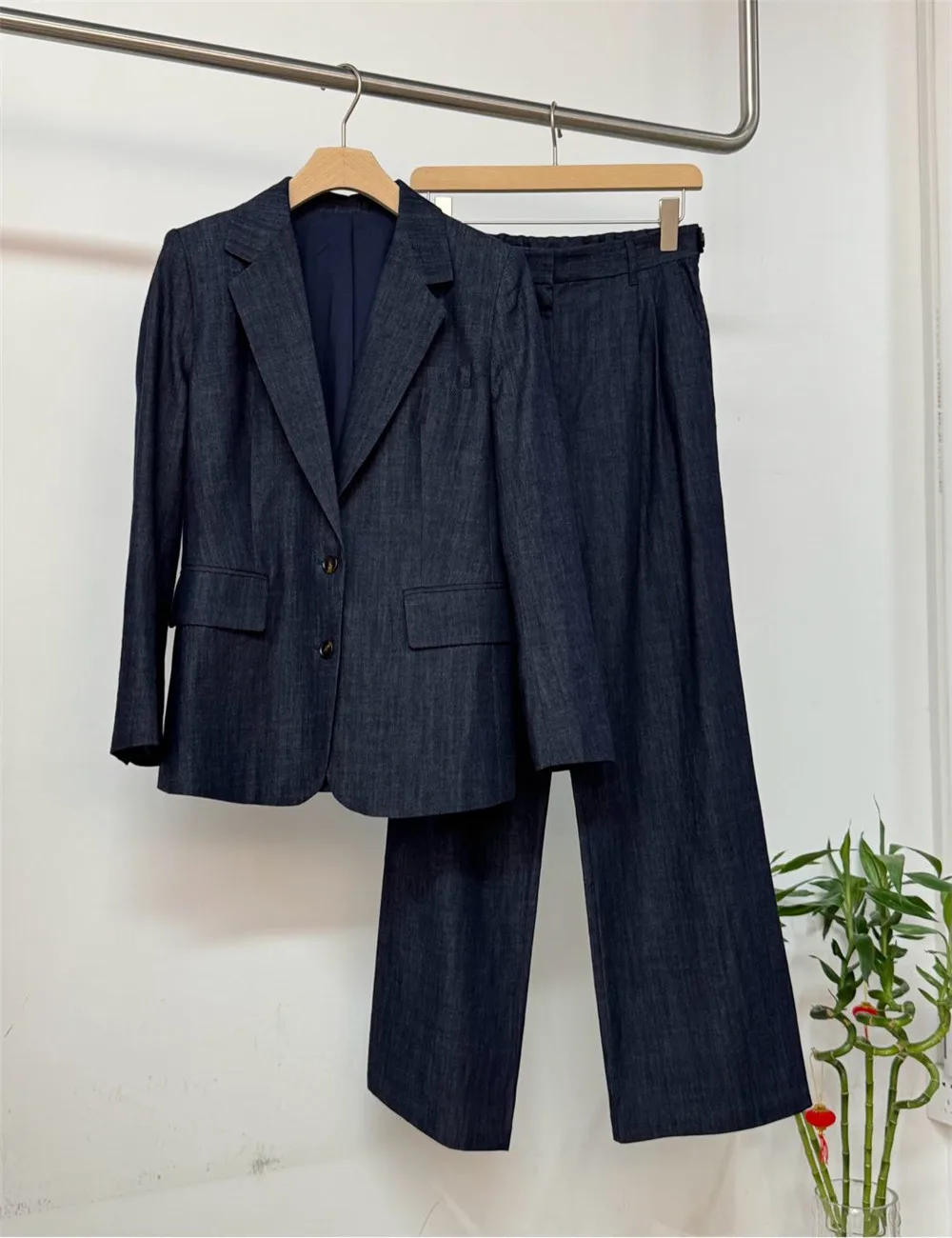 2025 Women's Pants Suit Cotton Denim Blazer Coat+High Waist Straight-leg Pants 2-Piece Set