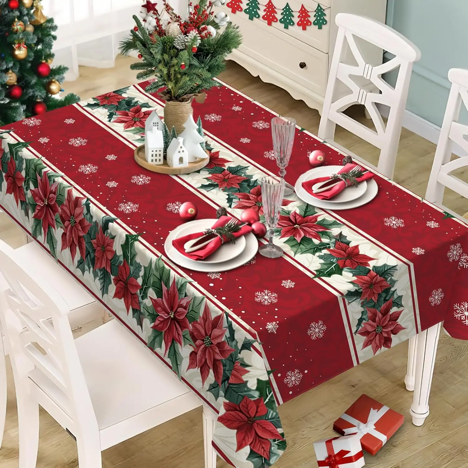 Christmas Poinsettia Flower Rectangle Tablecloth for Table Decor Winter Xmas Floral Snowflakes Table Cloth Christmas Decorations