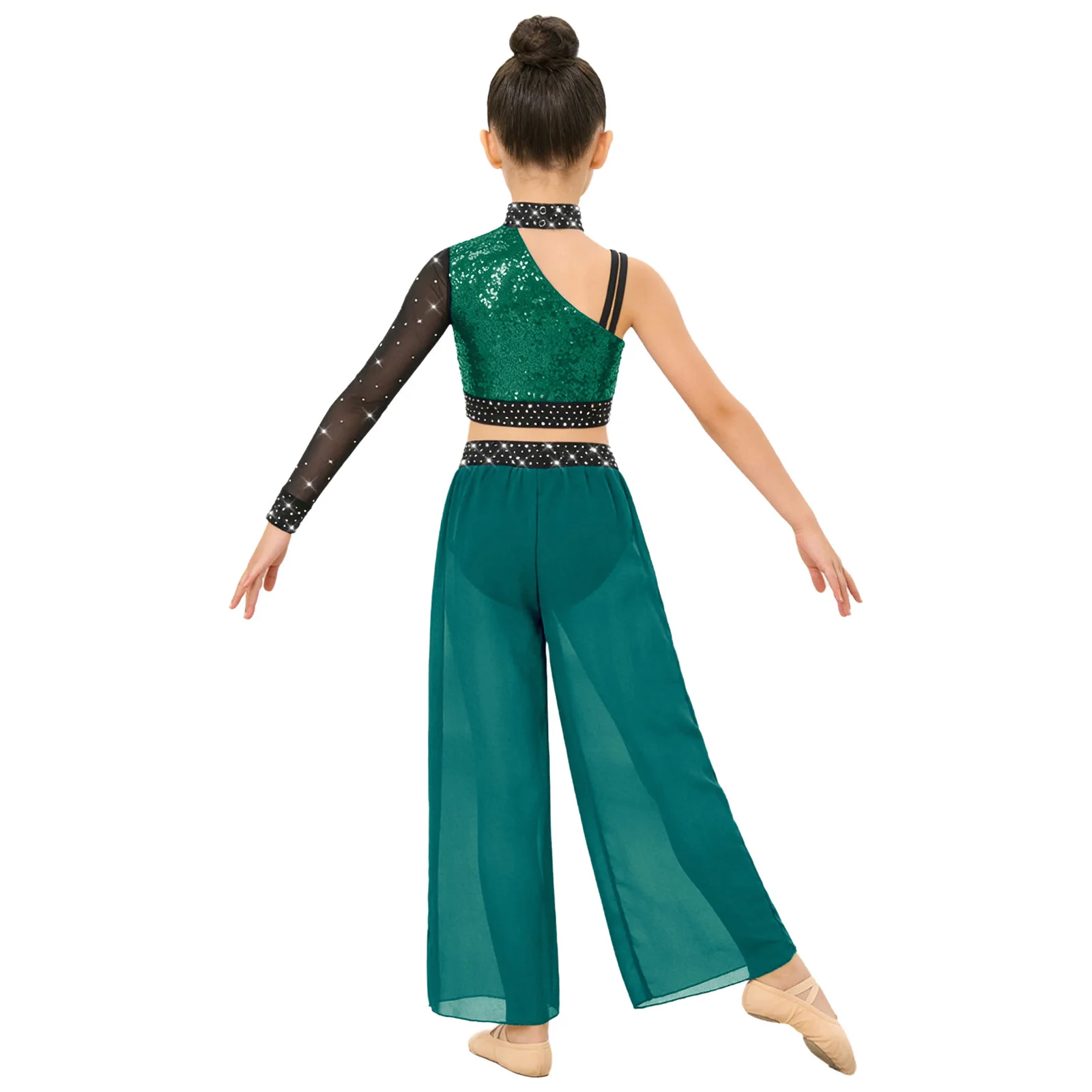 Kids Girls Shiny Modern Lyrical Dance Outfit Crop Top with Split Sheer Chiffon Pants for Figure Skating Gymnastics Acrobatics