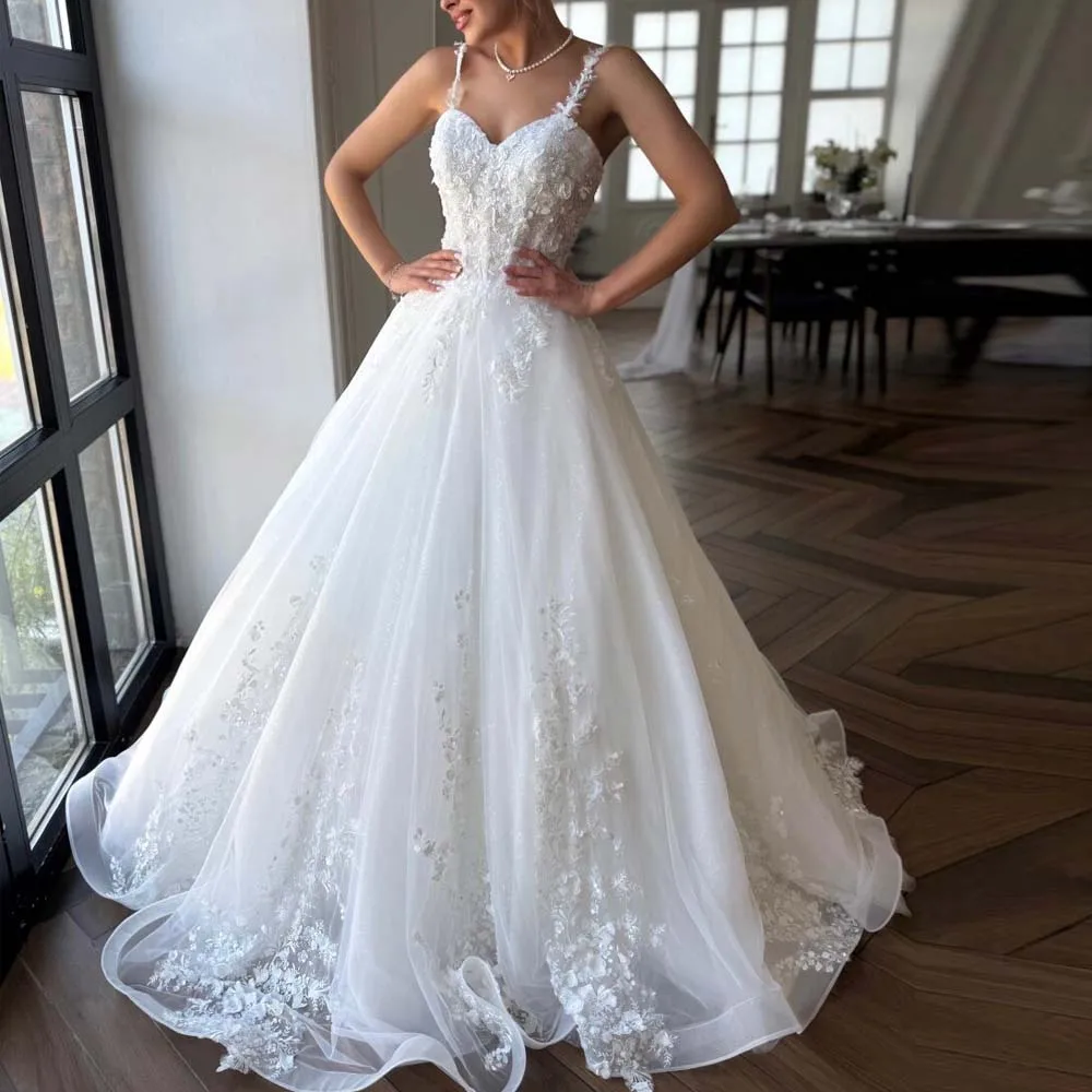 Suknia ślubna z koronki haftowanej na zamówienie, z odpinanymi rękawami, na ramiączkach spaghetti, biała suknia ślubna, vestidos en liquidación envío