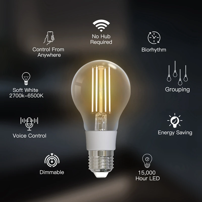 Imagem -02 - Lâmpada Led Smart Filament com Wi-fi Luz Regulável Lâmpada com Controle por Voz Tuya Alexa Google E27 2700k6500k 806lm 7w