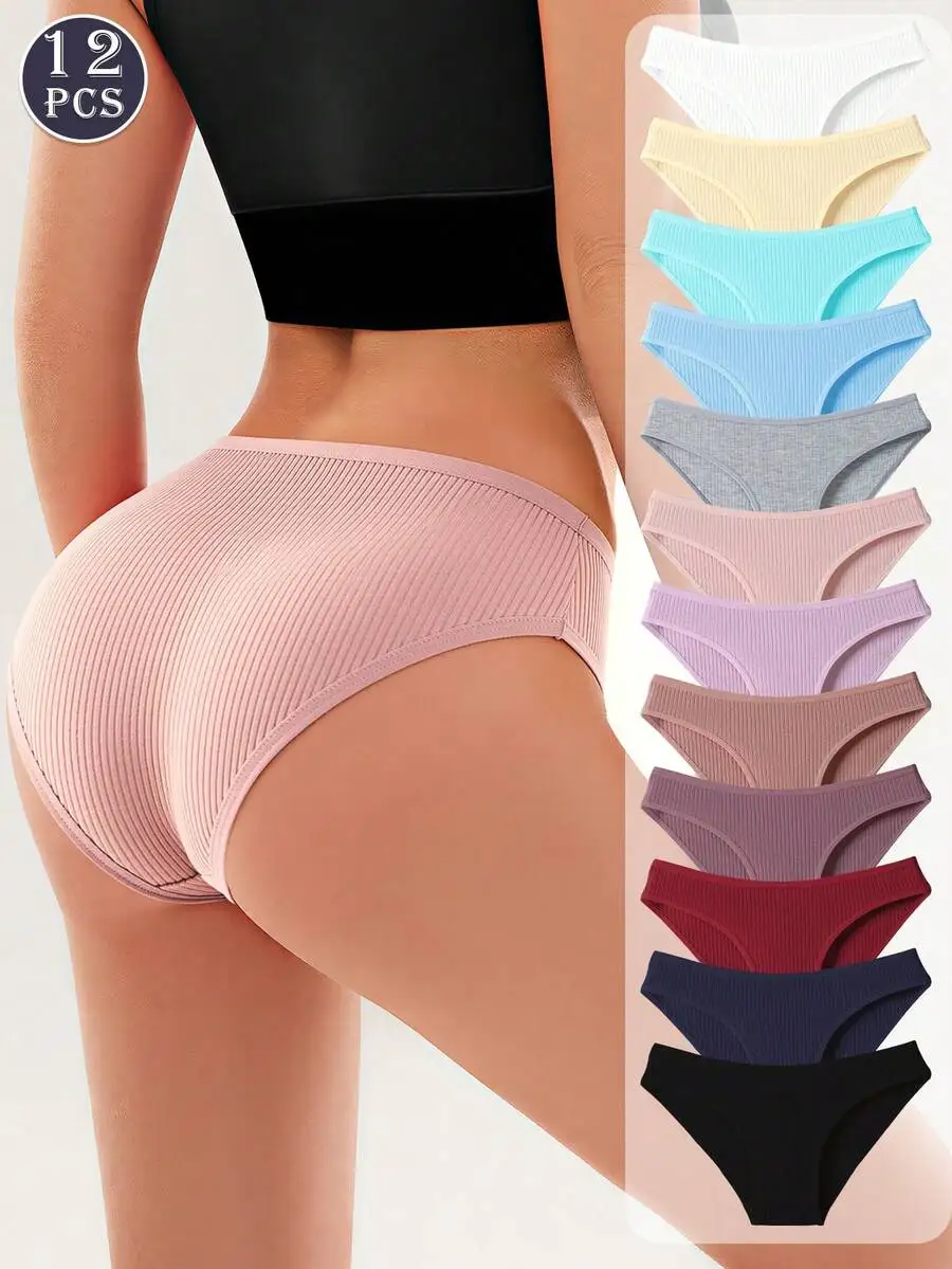 

12 Packs Solid Color Ribbed Womens Panties Soft Stretchy Breathable Knitted Underwear S To XXL