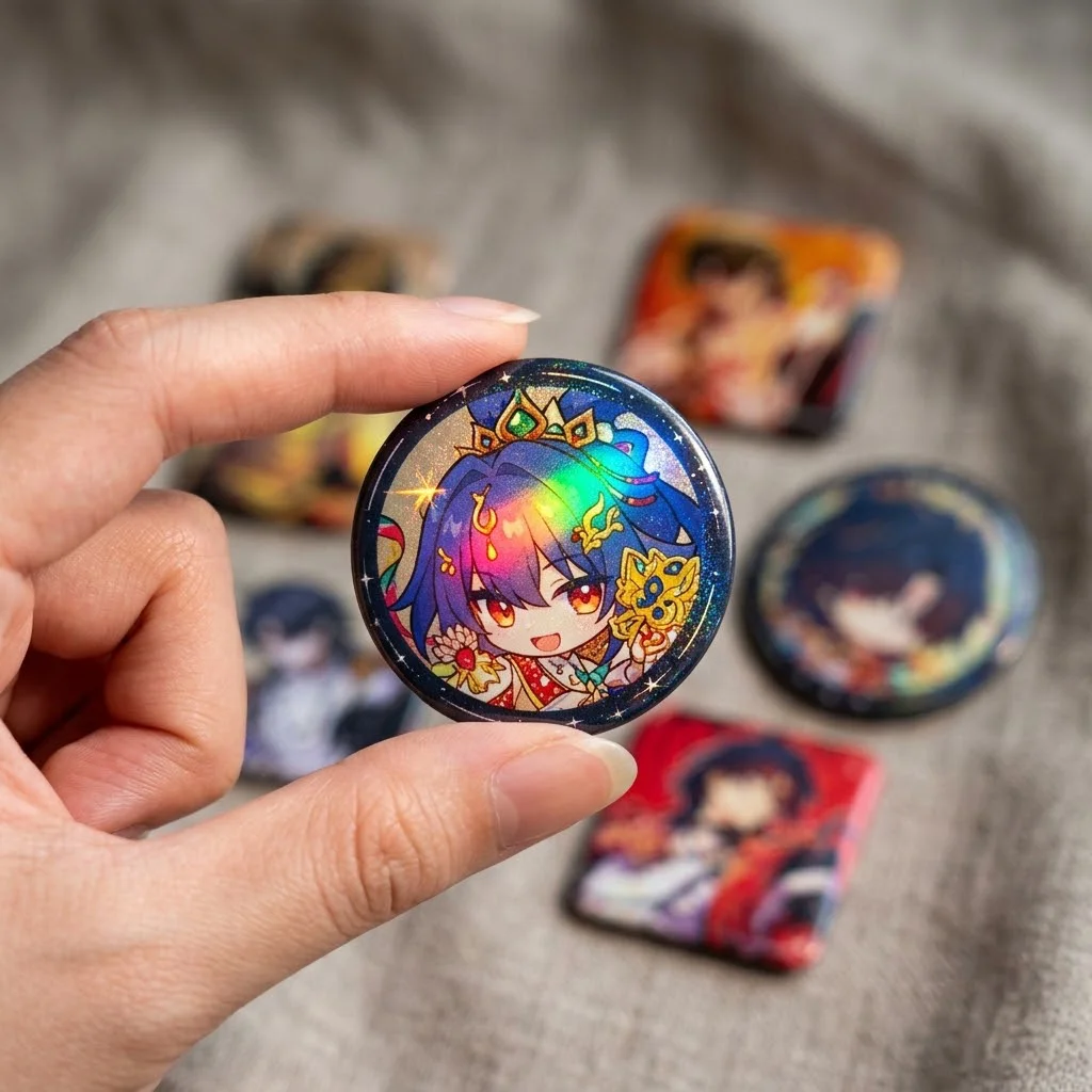 Reflective Glitter Tinplate Badge 6pcs Set Anime Game Peripheral Cute Round Rectangle Brooch Pin Birthday Gift for Friends Teens