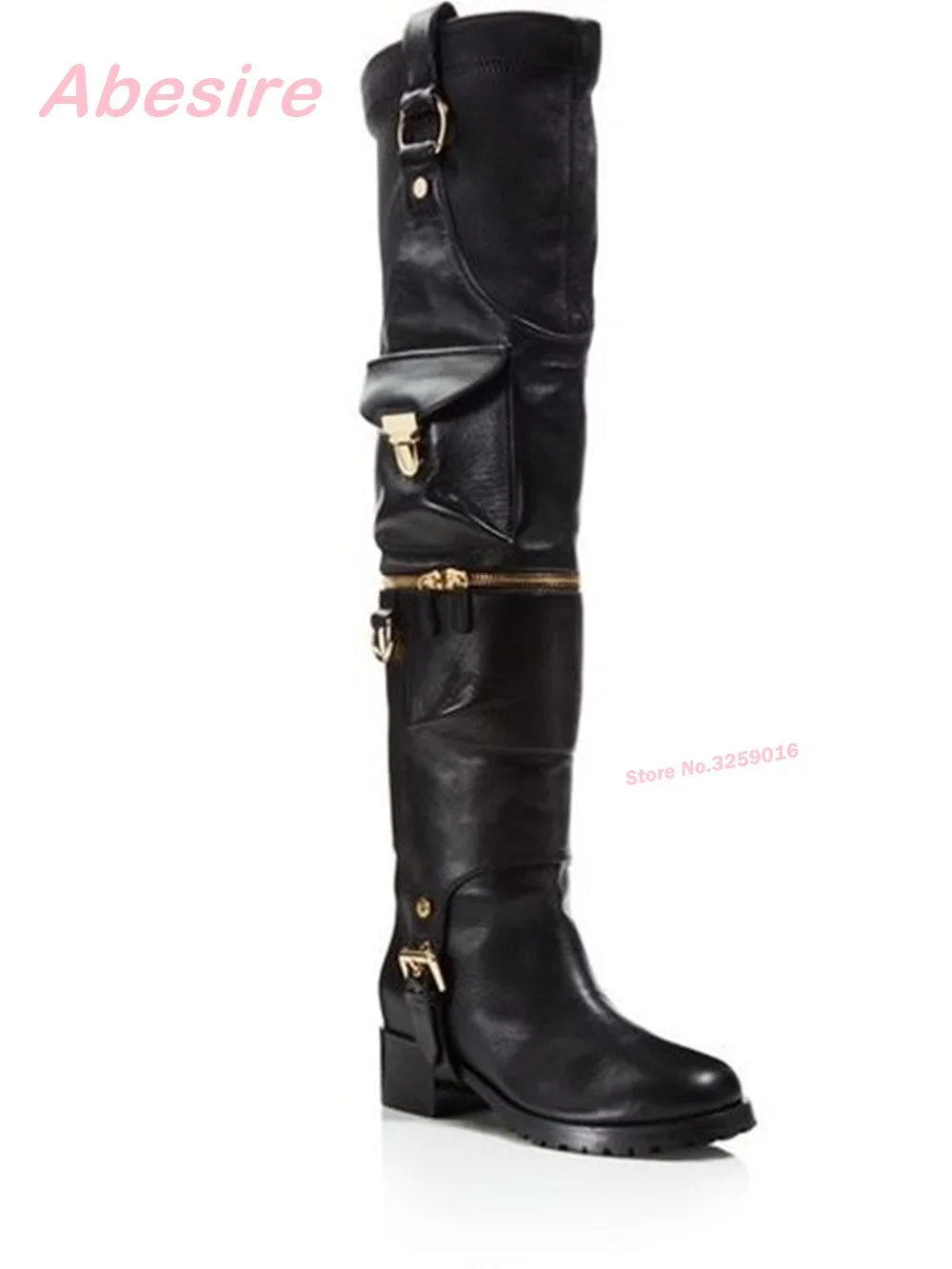 Pocket Decor Pleated Leather Boots Round Toe Black Chunky Heels Over The Knee Women's Boots Newest Winter Zip-Cut Separable Sexy