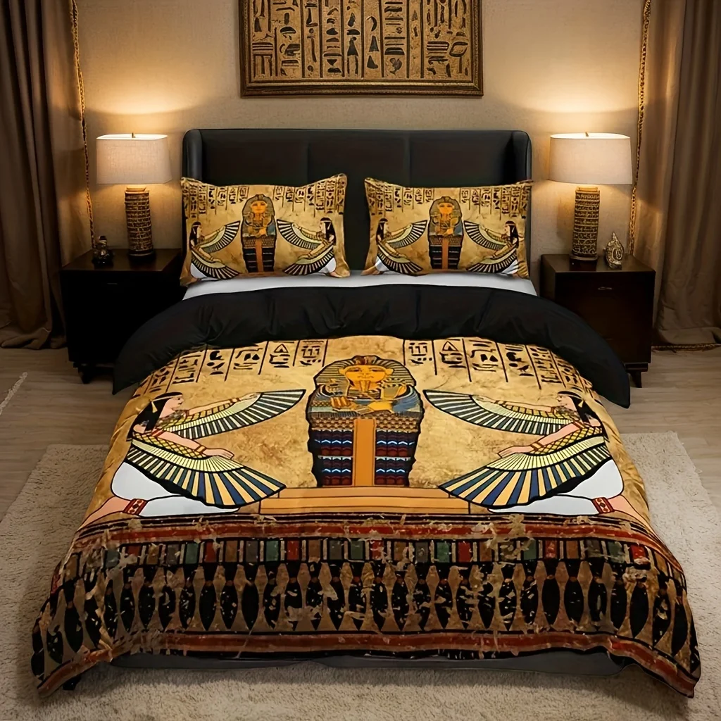 Timeless Design, Egyptian Pharaoh 3pcs Ancient Egyptian Art Quilt Cover Set (1 Quilt Cover + 2 Pillowcases, Pillow Core Not Included), Soft And Breathable HD Printed Bedding, Soft And Breathable Duvet Cover And Pillowcase, Machine Washable.