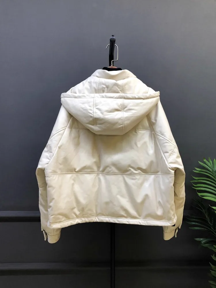 جديد أزياء المرأة المتضخم أسفل سترة مقنعين فضفاضة تناسب جلد الغنم سترة جلدية حقيقية عارضة الشارع الشهير معطف الشتاء الدافئ #3