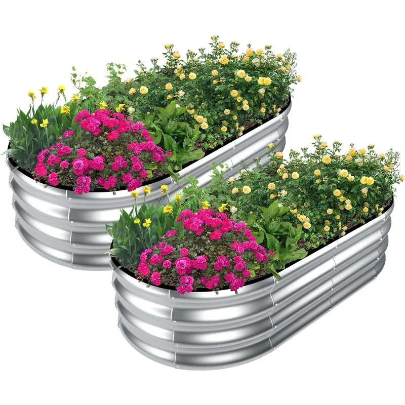 Galvanized Raised Garden Bed Outdoor, 2 Pcs 4x2x1ft Oval Metal Planter Box for Planting Plants Vegetables, Silver