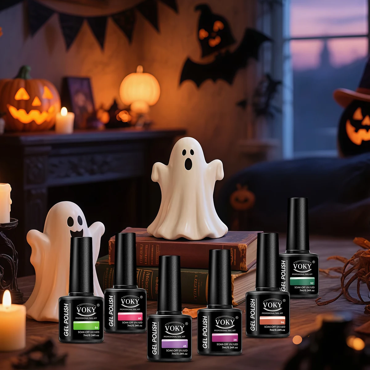 Voky 6-Piece Luxury Neon Witch Halloween Solid Color Gel Nail Polish Set, Salon-Grade Uv/Led Soak-Off Gel, Creamy Texture with High Color Payoff and Self-Leveling Formula, 28-Day Long-Lasting Shine, Anti-Peeling, Anti-Fading Nail Art Set, Suitable for Nail Salons and DIY Halloween Nail Art