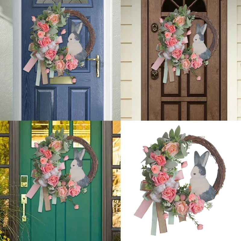 

Portable Easter Rabbit Wreath for Front Door or Wall Spring Decors with Artificial Rabbit Eggs for Indoor Outdoors B03E