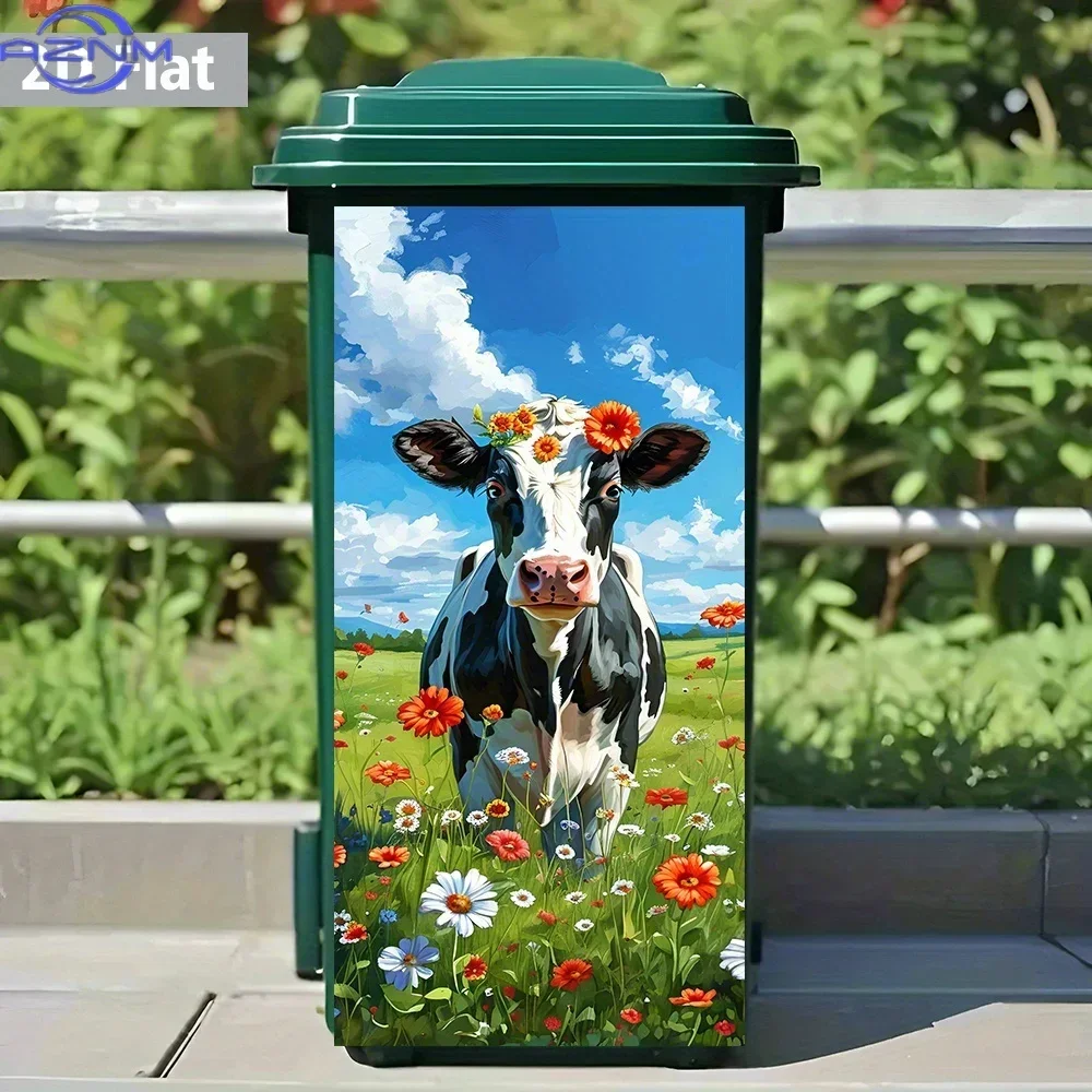 2D Flat Flower Crown Cow PVC Trash Can Sticker – Waterproof, Removable Adhesive for Bin Decoration, Rustic Home Art, DIY Mural