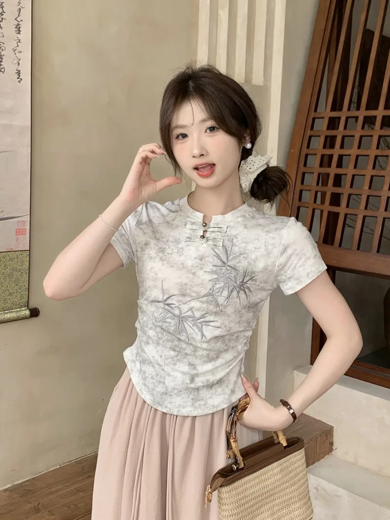 Miiiix-Camiseta retrô de gravata tingida chinesa bordada feminina, pescoço em pé, botão, manga curta, top emagrecedor, verão, novo, 2024