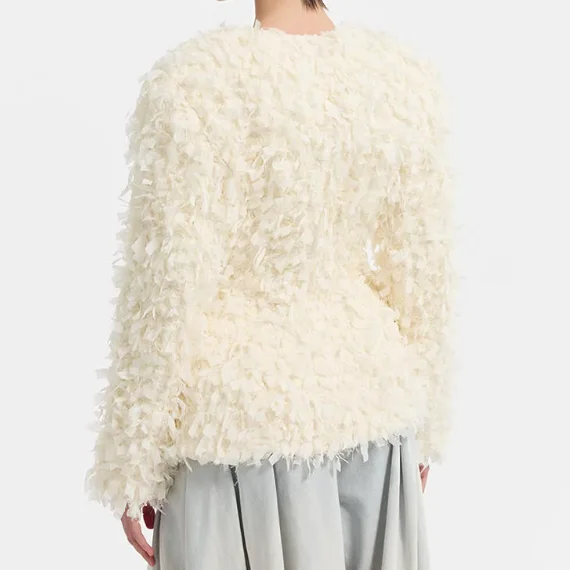 PUAL Cream Fluffy Fringe V Neck Jacket Women Drawstring Front Loose Long Sleeve Elegant Daily Party Textured Outerwear Coat