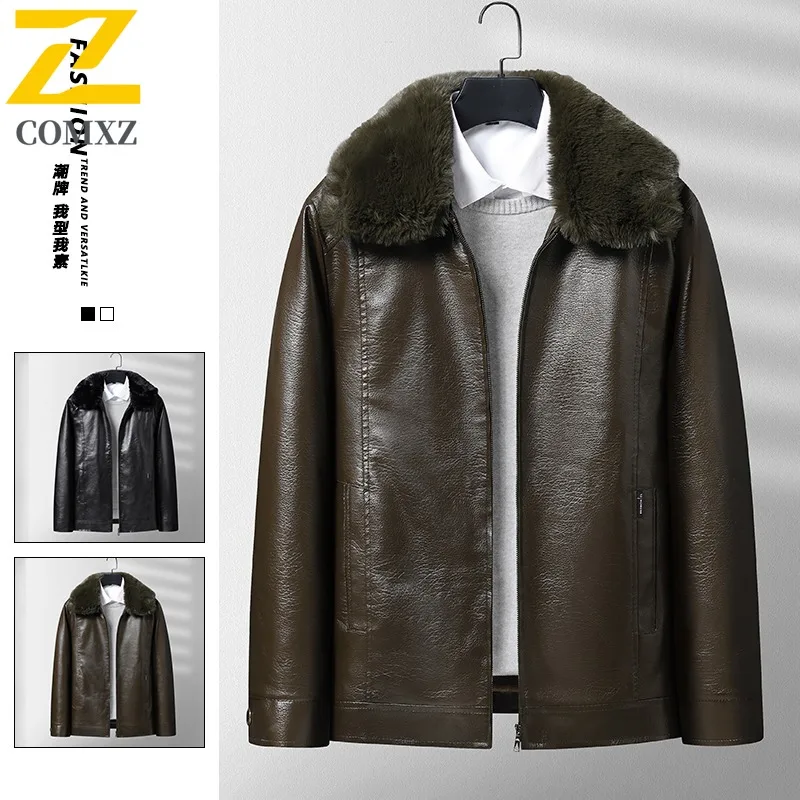 COMXZ 2025 Mens Winter Leather Jacket Fleece Lined Thick Warm Windproof Waterproof Fur Collar Business Coat for Middle Aged Men