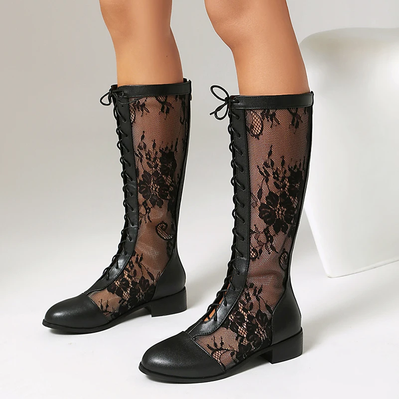 

Plus Size Cross Tie Rose Patterned Lace Mesh With PU Back Zipper Mid-calf Boots Mid Heel Sexy Women's Boots