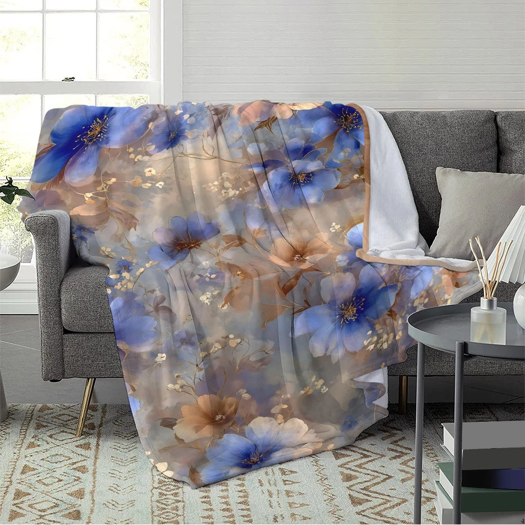 Blue Brown Flower Vintage Watercolor Mist Background Flannel Throw Blanket,Soft Warm Sofa Cover,Floral Gift For Bedroom Rest Use