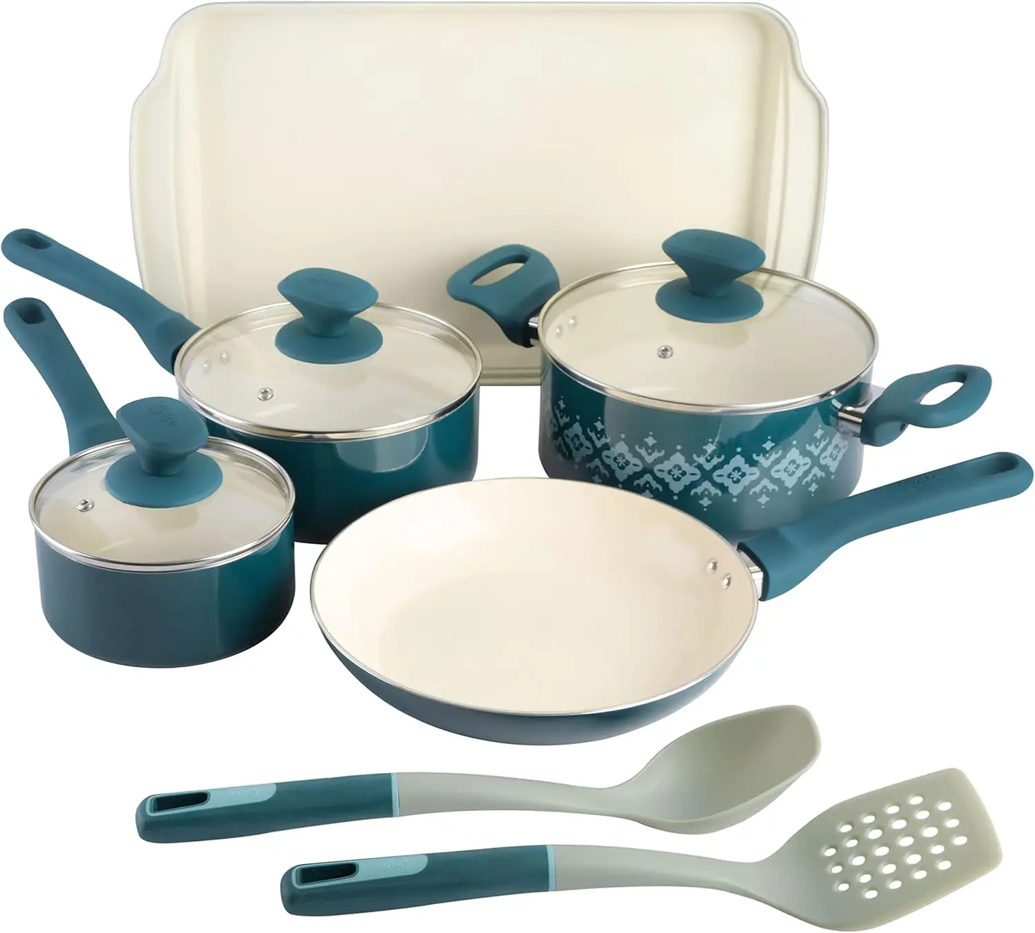 10-Piece Healthy Non-Stick Ceramic Cookware Set – Teal (87069.10R),Made without PFOA, the ceramic nonstick interior