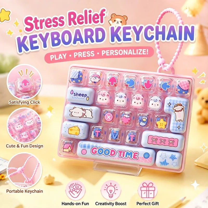 26 Keys Cute Cartoon Keyboard Fidget Toy Mechanical Keycap Keychain Stress Relief Button Bag Pendant Charm Gift For Girls