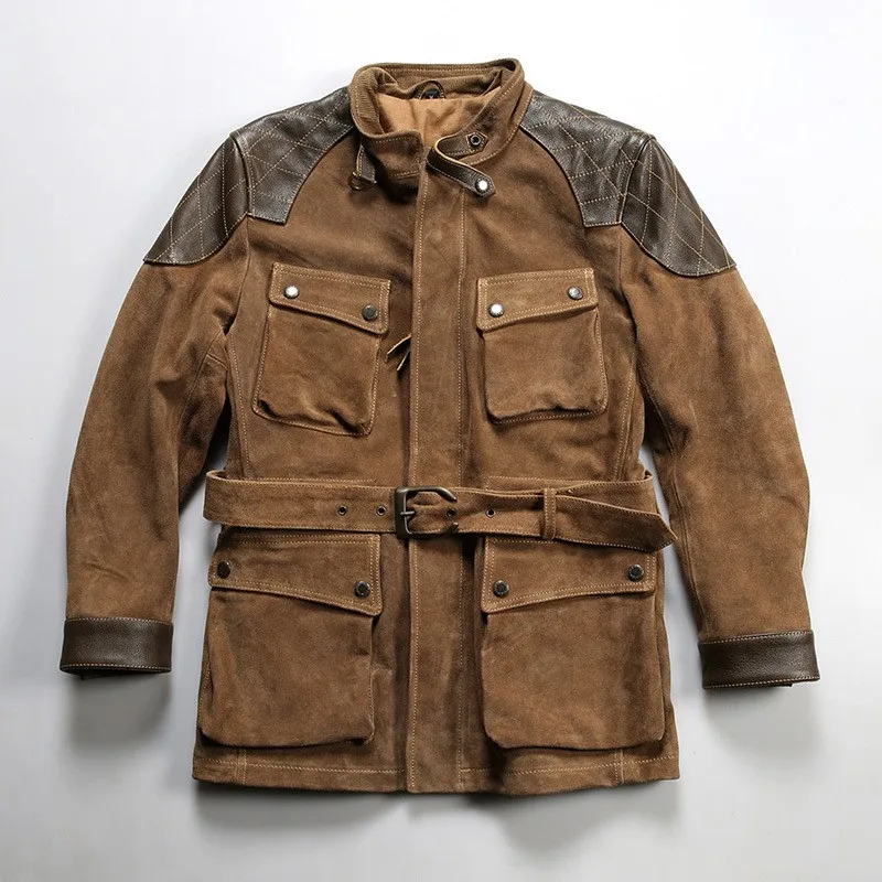 Casual leather with a stand-up collar and multiple pockets paired belt cowhide