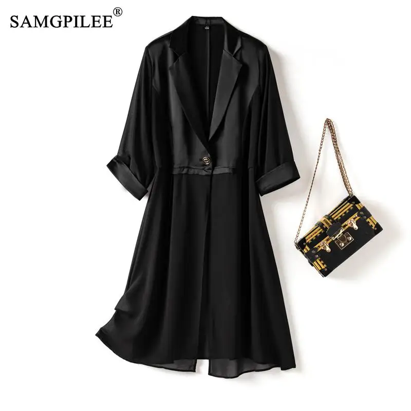 

Elegant Single Button Hem Chiffon Stitching Polyester Turn Down Collar Mid Length 2023 Summer Slim Women's Blazer Tailoring 4XL
