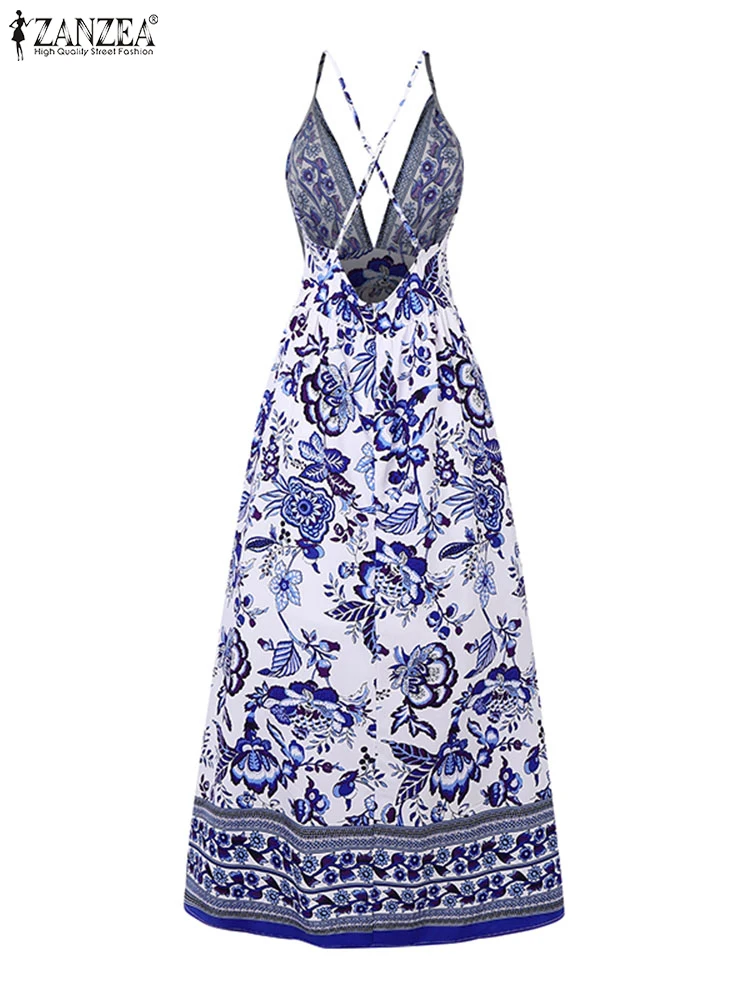 ZANZEA Sexy Spaghetti Strap Summer Long Dresses Women Elegant Maxi Sundress 2025 Halter Floral Print Beach Bohemian Party Robe