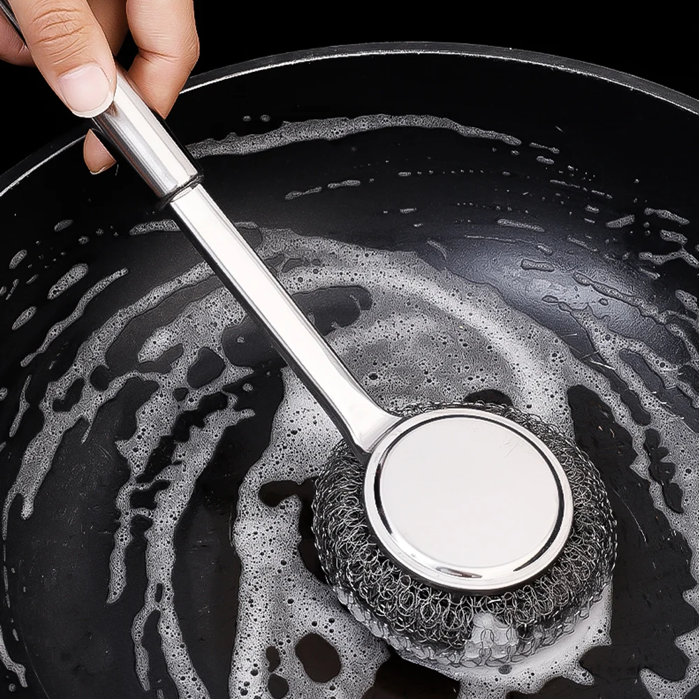 Long Handle Pot Brush Kitchen Pan Pot Dishes Cleaning Brush Steel Wire Metal Wool Scourer Strong Decontamination Cleaning Brush