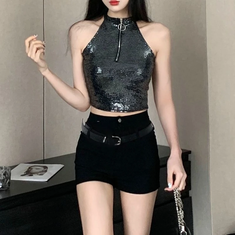 Women's Halter Sequin Crop Top High Waist Shorts Set Sweet Cool Streetwear Bodycon Two Piece Outfit for Jazz Dance Party Wear