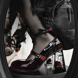 Punk Gothic Hoge Hakken Pumps Vrouwen 2024 Nieuwe Roos Hakken Lakleer Lolita Schoenen Vrouw Y 2K Enkelbandjes Zwart Mary Jane Schoenen