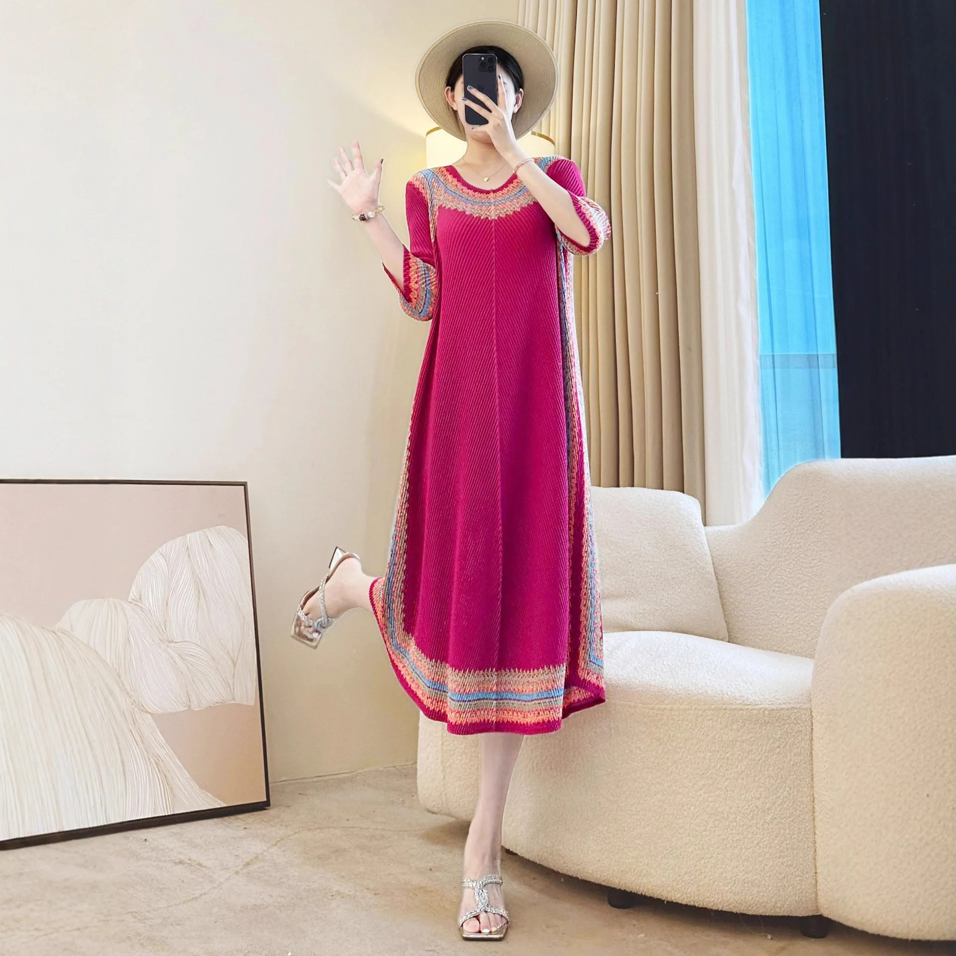 

Miyake Pleated New 2026 Spring and Summer Ethnic Style Dress Loose Fashionable Elegant Comfortable Long-sleeved Long Skirt