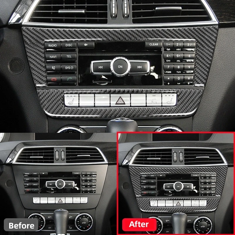 For Mercedes Benz C Class W204 2010-2013 Carbon Fiber Radio Emergency Light Button Panel Cover Trim Sticker Car Accessories