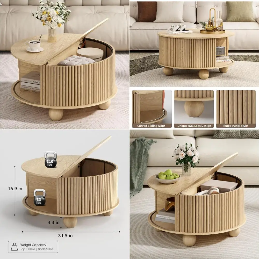 

Mid-Century Modern Fluted Coffee Table with Storage for Small Living Rooms