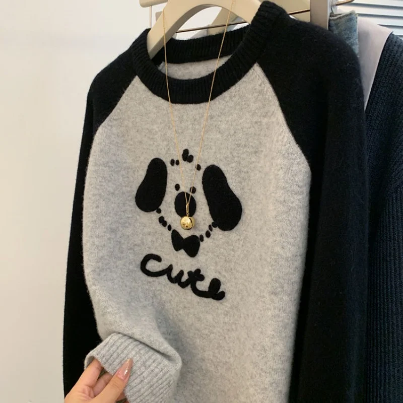 American Loose Sweater Women Cartoon Puppy Soft Thick Base Layer Top Autumn Winter Lazy Style