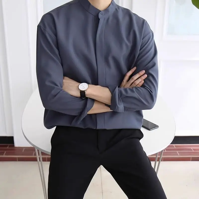 Men's Stand Collar Ice Silk Shirt Summer Thin Loose Casual Long Sleeve Sun Protection Breathable Draped Top