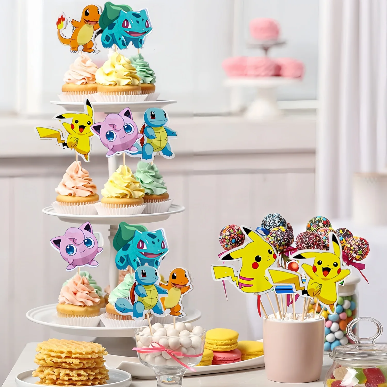 Pokemon Cake Topper Anime Figure Pikachu Party Happy Birthday Pokemon Cupcake Decor Baby Shower Baking DIY Supplies Kids Favors