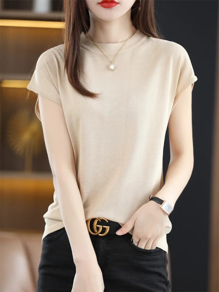 French Sle Ice Silk Knitted ort Sve T-irt Women's Summer Thin round Ne Svel Top oulder Drop T-irt Ladies...