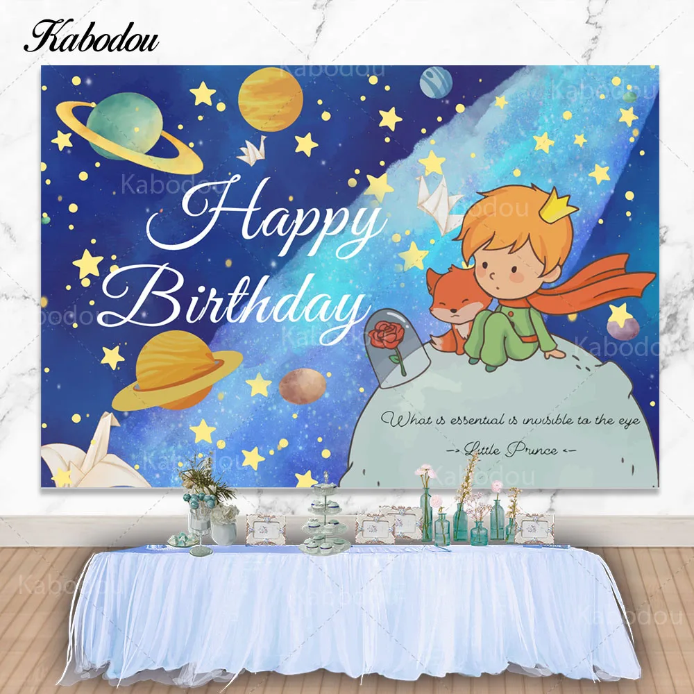 Kabodou Little Prince Photo Backdrop Boys Birthday Photography Background Blue Starry Sky Vinyl Polyester Decorations Banner