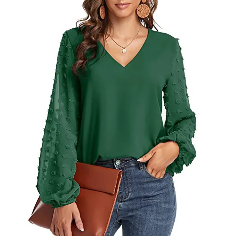 Dames effen tops blouses dames 2024 lange mouw elegante v-hals losse shirt blouse casual shirts lente zomer dames top