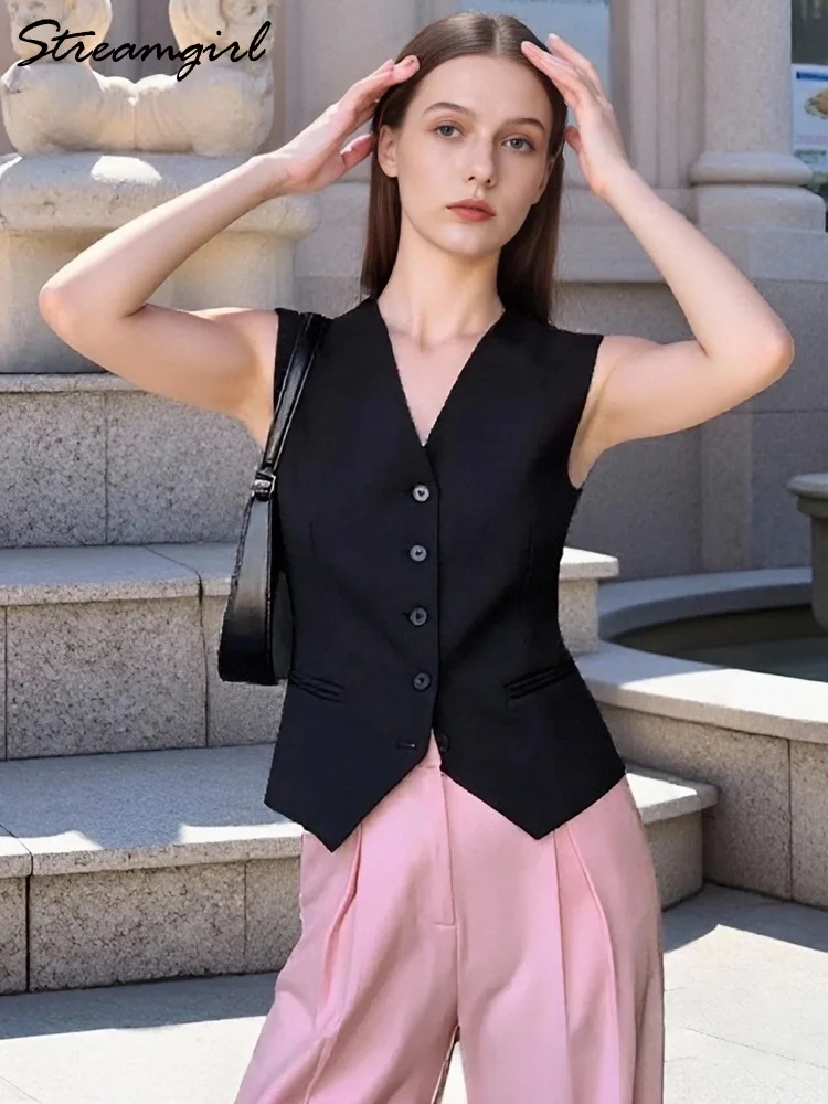 Streamgirl Sleeveless Blazers For Women Gray Vest Crop Outerwear V Neck Sleeveless Coat Vintage Ladies Black Vest Short Tank Top