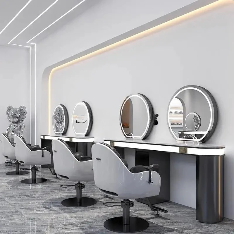 HJ high-end barber shop mirror table, dyeing and ironing area, stainless steel marble desktop with cabinet, hair cutting mirror