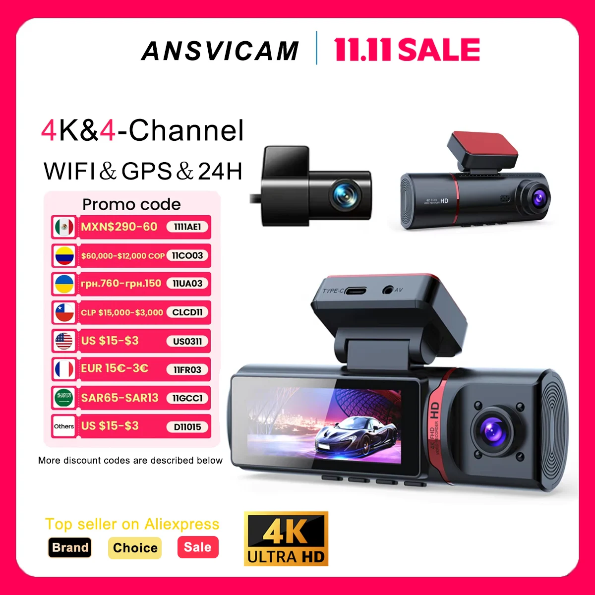 

ANSVICAM 3 Channel Car DVR UHD 4K 3-Lens Inside Vehicle Dash Cam Three Way Camera DVRs Recorder Video GPS Dashcam Camcorder