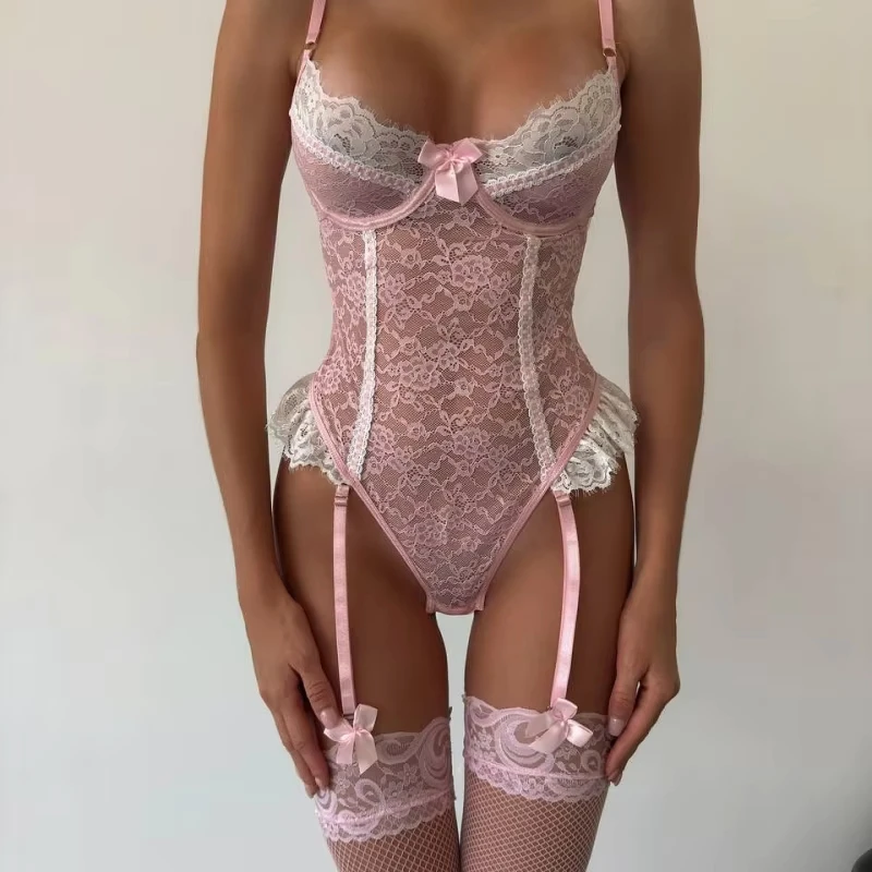 

Bikini lace strap one-piece swimsuit with two-tone stitching, underwire, and push-up effect, set with socks