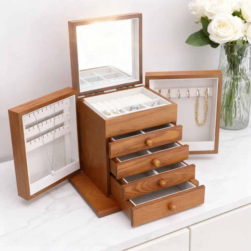 

Элегантный прочный 5-слойный винтажный большой деревянный органайзер для ювелирных изделий, 4 ящика, ящик для хранения колец, серег, ожерелий, браслетов