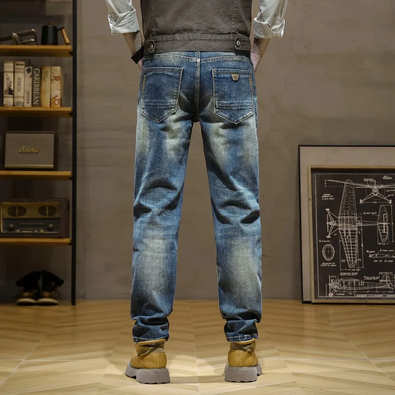 Jeans bleus déchirés de style italien pour hommes, pantalons en denim décontractés, coupe couvertes élastique, mode rétro, designer vintage, fjVintage