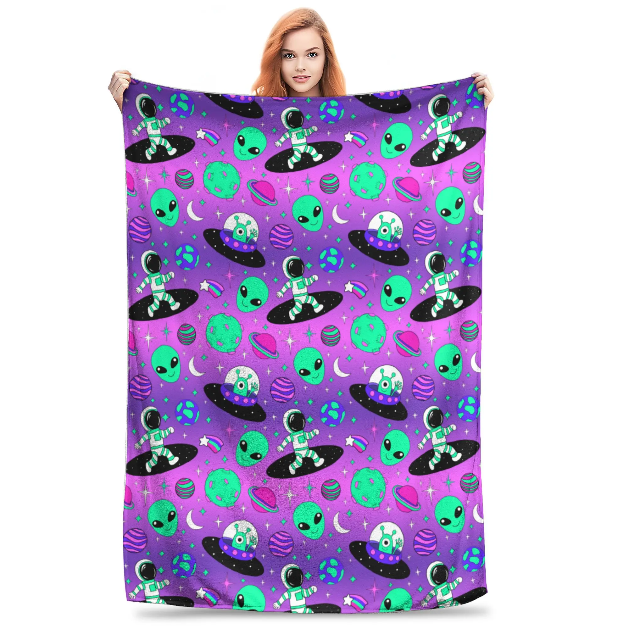 

Super Soft Psychedelic Galaxy Astronauts Alien Throw Blanket Premium Flannel Fleece Lightweight Trippy Space Travel Bed Blanket