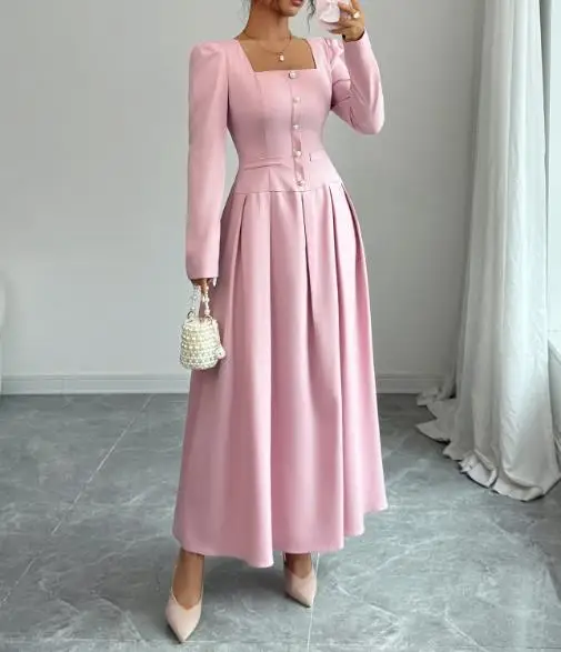 

Simple and Fashionable Solid Color Long Sleeved Waist Tied Long Skirt Dress for Women In Autumn 2025