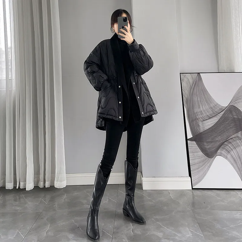 Black slimming patchwork elegant down jacket winter new women's fake two pieces medium to long fashion versatile warm coat