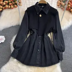 Fake Two-Piece Vest Long-Sleeved Denim Dress Women'S Sweet Loose Long Korean Style Fashion Trend 2024 Autumn And Winter