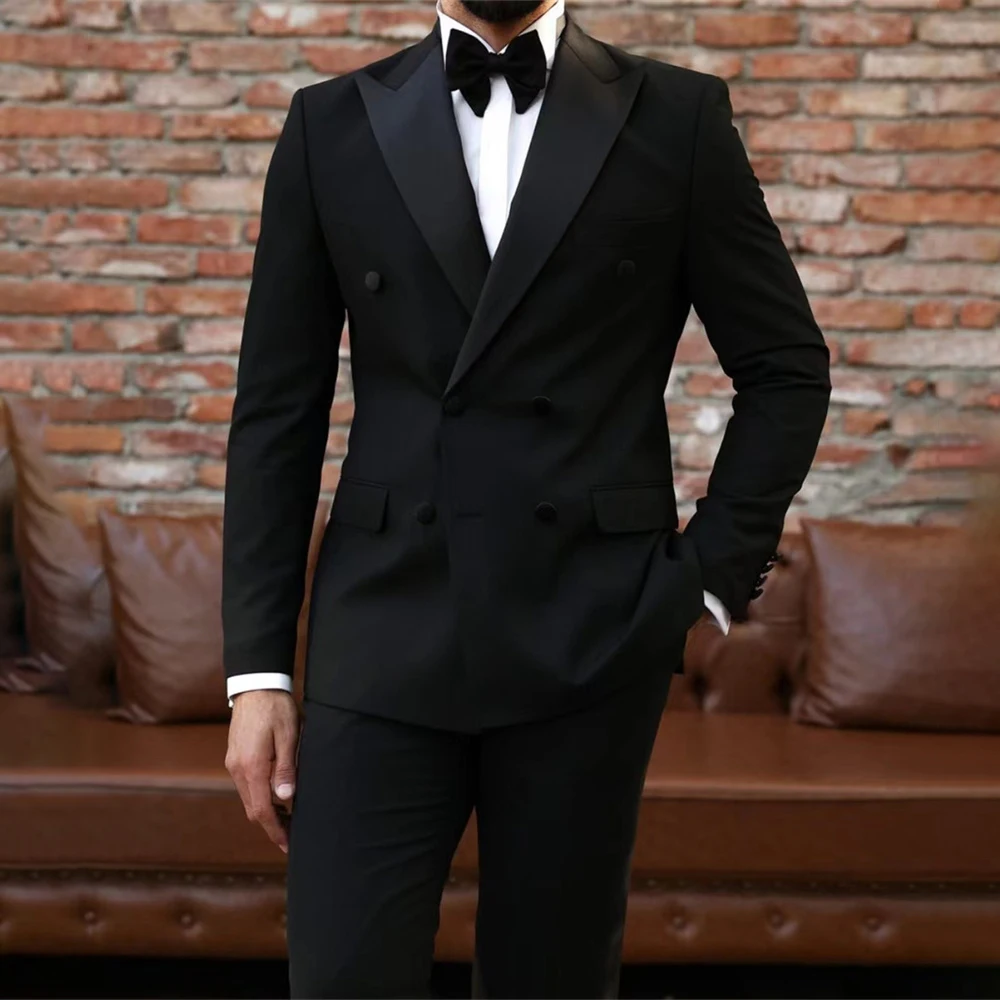 

Elegant Black Suits For Mens Peak Lapel Double Breasted Wedding Groom Tuxedo Business Blazer 2 Piece Jacket Pants Costume Homme