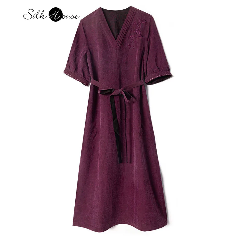 

2024 Women's Fashion Summer New Dark Purple Embroidered 100% Natural Mulberry Silk Fragrant Cloud Turtle Cracked V-neck Dress